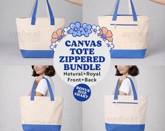 Zippered Canvas Tote Mockup Bundle, Q-Tees 1300 Royal blue and Natural color bag, multi view, Print on Demand, JPG, Digital Download
