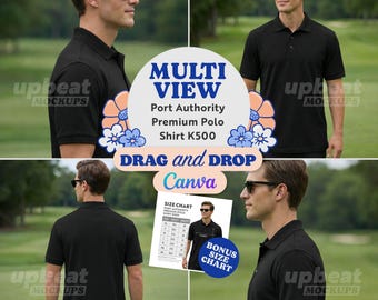 Port Authority K500 Bundle Mockup: Mens Golf Premium Polo Shirt Black, Front, Back and side sleeve arm view, (4 JPG File) Plus size chart