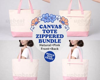 Zippered Canvas Tote Mockup Bundle, Q-Tees 1300 Pink and Natural color bag, multi view, Print on Demand, JPG, Digital Download