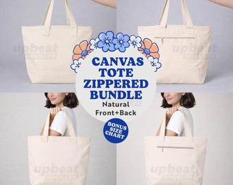 Zippered Canvas Tote Mockup Bundle, Q-Tees 1300 Natural color bag, multi view, Print on Demand, JPG, Digital Download
