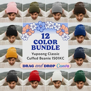 Puede incluir: Una colección de doce gorros Yupoong Classic Cuffed en varios colores, incluyendo rosa, verde, gris y marrón. La imagen presenta el texto "12 COLOR BUNDLE" y "DRAG and DROP Canva."