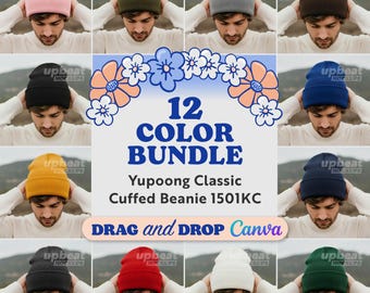 Bundle Mockup Yupoong Classic Cuffed Beanie 1501KC Winter Cuffed Hat Mock-Ups, 12 colors, male model (JPG Digital Downloads)
