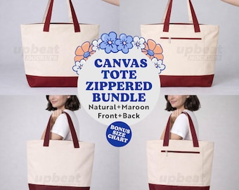 Zippered Canvas Tote Mockup Bundle, Q-Tees 1300 Maroon and Natural color bag, multi view, Print on Demand, JPG, Digital Download