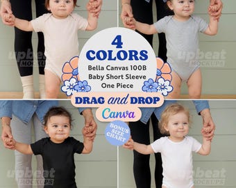 Bella Canvas 100B Infant Baby Bodysuit Mockup Bundle – 4 Colors (Black, White, Athletic Grey, Heather Dust) + Size Chart Bella+Canvas