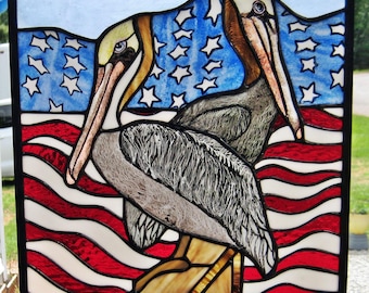 Pelicans & American Flag   Windshop Design  Stained Glass Landscape  Panel 16" x 14"