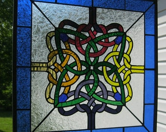 Cathedral Textures Celtic Knot Windshop Original square stained glass panel 16.5" wide x 16.5" tall
