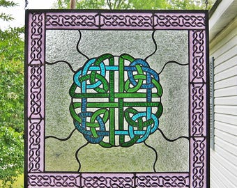 Lavender Celtic Knot Windshop Original stained glass panel 17.875" wide x 17.75" tall
