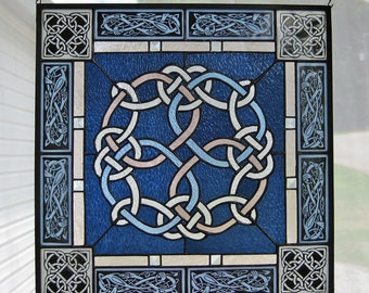 Celtic Beasts  Windshop Design Square Stained Glass Panel Blue and Peach Knots 19.5" x 19.5"