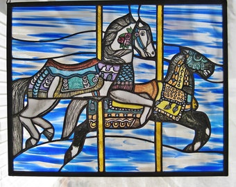 Carousel Horses Windshop Original Rectangle stained glass 17.125" x 13.625 "