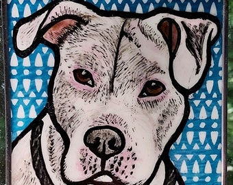 White Pit Bull  Windshop  Stained Glass Dog Suncatcher 4"x4"  #134