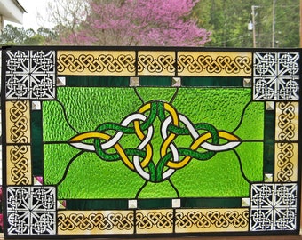 Irish Colors #6 Celtic Knot Windshop Design Stained Glass Panel 24" x 15"