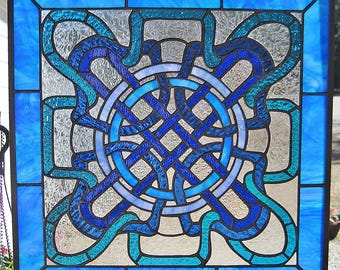 Celtic Knot Ribbons Turquoise and blues Windshop Square Stained Glass Panel 19.75"