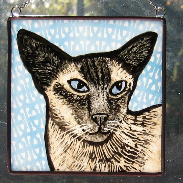 Siamese Windshop Stained Glass Cat Suncatcher 4" x 4" kiln fired #131