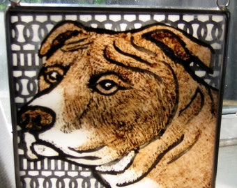 Brown Pit Bull  Windshop  Stained Glass Dog Suncatcher 4"x4"  #163