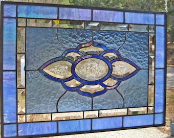 Iridescent Blue Bordered Bevel Cluster Windshop  Stained Glass Panel 22"W x 16"H