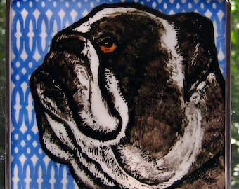 Black and White Bulldog  Windshop Stained Glass Dog Suncatcher 4"x4" # 308