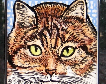 Red Brown Tabby Windshop Stained Glass Cat Suncatcher 4"x4" #28