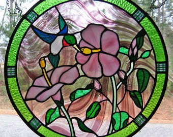 Hummingbird and Hibiscus Windshop Original Round stained glass 16.25" dia.