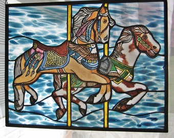 Indian Ponies Carousel Horses Design Windshop Original stained glass 18.375" wide by 14.5 " tall