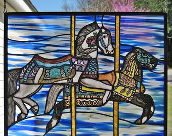 Illions Carousel Horses Windshop Original stained glass panel  13.625"  H x 17.125" W