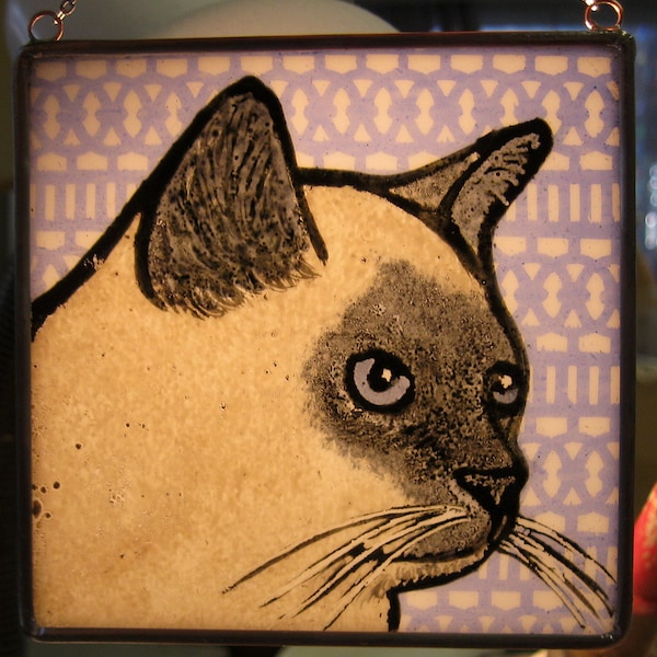 Siamese Windshop Stained Glass Cat Suncatcher 4"x4"  #50