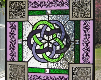 Green and Purple Celtic Birds Knot Windshop Design Square Stained Glass Panel 15.5" x 15.5"