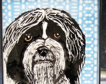 Black and White Shih Tzu  Stained Glass Dog Suncatcher Kiln Fired Windshop 4"x4" #227
