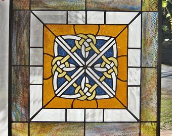 Amber Celtic Knot Windshop Original Square stained glass 16.75" wide x 16.75"