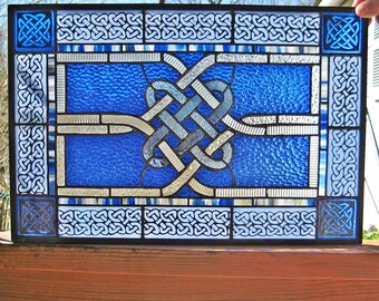 Blue Celtic Knot Ribbons Windshop Original stained glass 13.5"  x 20.125"