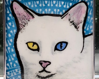 White Odd Eyed Windshop Stained Glass Cat Suncatcher 4"x4" #14