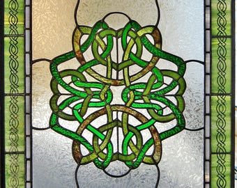 Love Greens Celtic Knot Windshop Design Stained Glass Rectangle Panel 24.75" x 20.5"