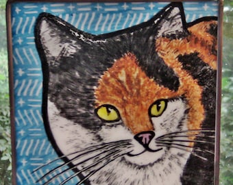 Calico Cat Windshop Stained Glass Cat Suncatcher 4"x4" kiln fired #75