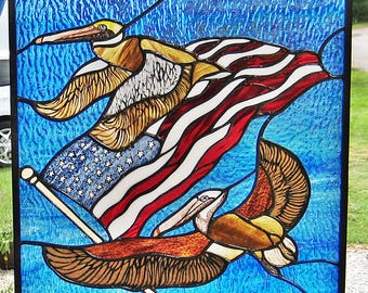 Pelicans & American Flag  " Freedom Flying"  Windshop Design  Stained Glass Landscape  Panel 16" x 17"