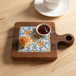 Retro Ceramic Tile Trivet with Wood Base | Heat Resistant Pot Holder & Coaster | Mediterranean Floral Kitchen Decor | Vintage Style Hot Pad