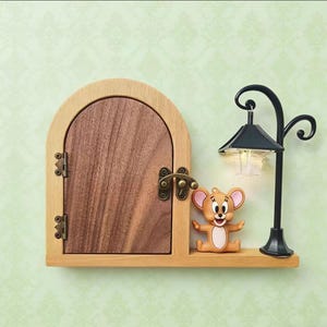 Wooden Fairy Door Outlet Cover | Decorative Wall Socket Cover | Cute Mouse Door with Lamp | Nursery & Home Decor
