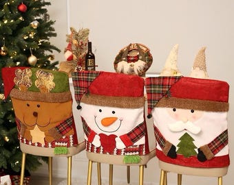 Christmas Chair Covers – Santa, Snowman & Reindeer Holiday Chair Back Decorations – Festive Dining Room Décor