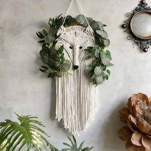 Tapiz de macramé con forma de zorro y vegetación, decoración de pared estilo bohemio campestre, tapiz de algodón hecho a mano, arte de pared con animales para guardería, decoración del hogar estilo bohemio
