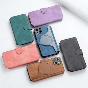 Puede incluir: Una variedad de fundas de teléfono coloridas en varios tonos, incluyendo verde azulado, morado, rosa, marrón, azul y gris. Algunas fundas tienen un cierre magnético, mientras que otras tienen un soporte de anillo. Las fundas están diseñadas para proteger el teléfono y mejorar su funcionalidad.