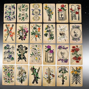 May include: A collection of vintage-style tarot cards featuring botanical illustrations, skulls, and various symbolic objects. The cards have a sepia tone, with detailed drawings of flowers, knives, and other elements. The overall aesthetic is dark and gothic.