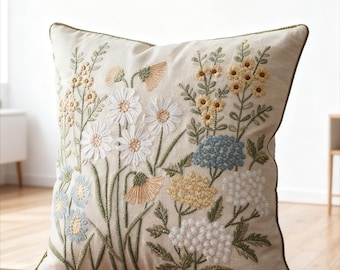 Funda de cojín de lino con bordado floral de 45,7 x 45,7 cm — Funda de cojín de inspiración natural, decoración botánica para el hogar, sin relleno