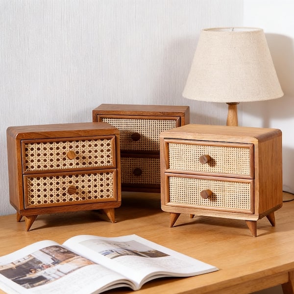 Mini houten lade-organizer, rotan opbergkast, desktop-opbergdoos, rustieke sieradenorganizer, kleine ladekast
