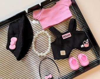 かわいい人形用衣装セット・ピンク＆ブラックのファッション服・ミニドール用ドレスアップアクセサリー