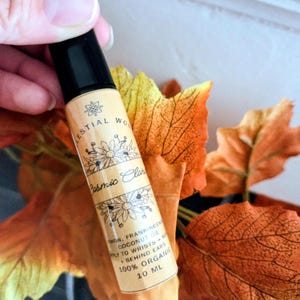 May include: A roll-on essential oil bottle with a black cap and a tan label. The label reads "Celestial Wonders Cosmic Clarity" with floral illustrations. The bottle is held near orange and yellow autumn leaves. The bottle contains 10 ml of 100% organic oil.