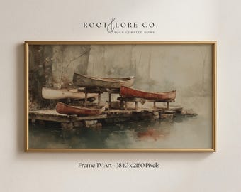 Moody Canoe Outdoors TV Art | Outdoorsy Wall Art | Fishing Office Decor | Lake House Wall Art | Cottagecore Samsung Frame TV Download 16x9