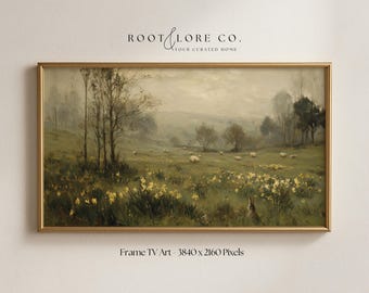 Daffodil Spring Meadow Frame TV Art | Rustic Farmhouse Decor | Moody Pastoral Countryside Oil Painting Tv (4K Digital Download - 16:9)