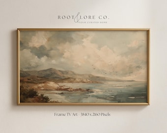Art mural paysage de dunes côtières | Esthétique artistique pour cadre Samsung | Paysage de plage océanique à télécharger | économiseur d'écran de style vintage | 4K 16:9