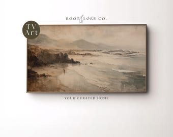 FRAME TV oeuvre d'art vintage plage | Esthétique artistique pour cadre Samsung | Paysage de plage océanique à télécharger | économiseur d'écran de style vintage | Téléchargement numérique 4K