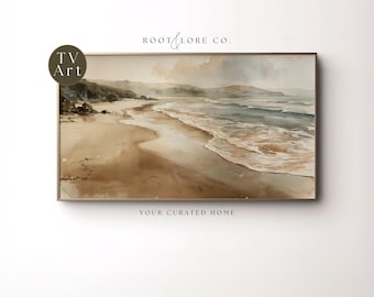 Coastal Ocean Beach Frame TV Art | Summer Frame TV Watercolor | Waves at the Beach Decor | Unique Sunny TV Art, Digital Download 4K 16:9