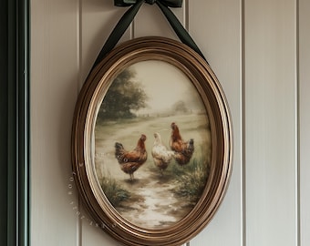 Vintage Chicken Wall Art Printable | Farmhouse Hen Painting | Cottagecore Kitchen Wall Art | Neutral Rustic Art (Digital Download)