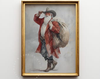 Cowboy Santa Wall Art | Western Christmas Print | Rustic Holiday Watercolor Decor (Digital Download)